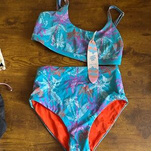 Jolyn Clothing Kids Palm Print Bikini - Teal and Coral